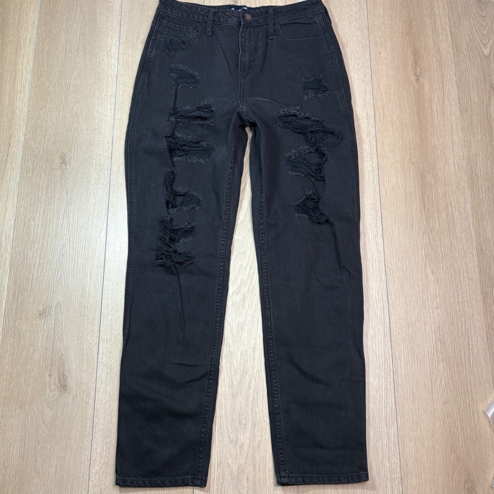 Hollister Ultra High Rise Mom Jeans Black Distressed Ripped Denim 7R W28 L27